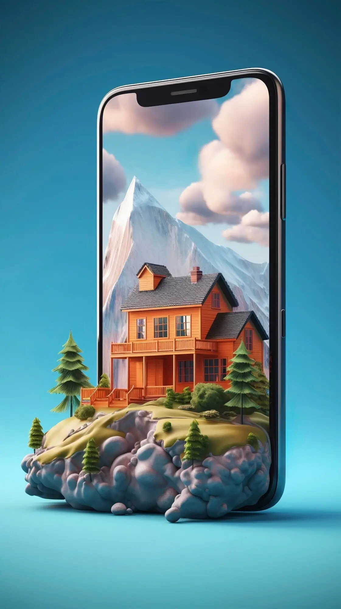 Современный смартфон с живыми абстрактными обоями, выходящими из экрана.